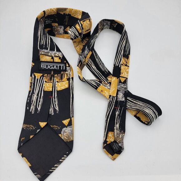 Mens Necktie Villa Bugatti multicolor geometric 100% silk, Black Gold 57 By 4In - Picture 3 of 7